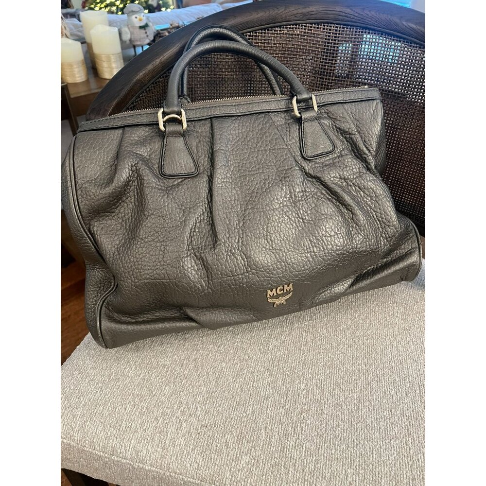 MCM Pebbled Leather Gray Satchel Bag